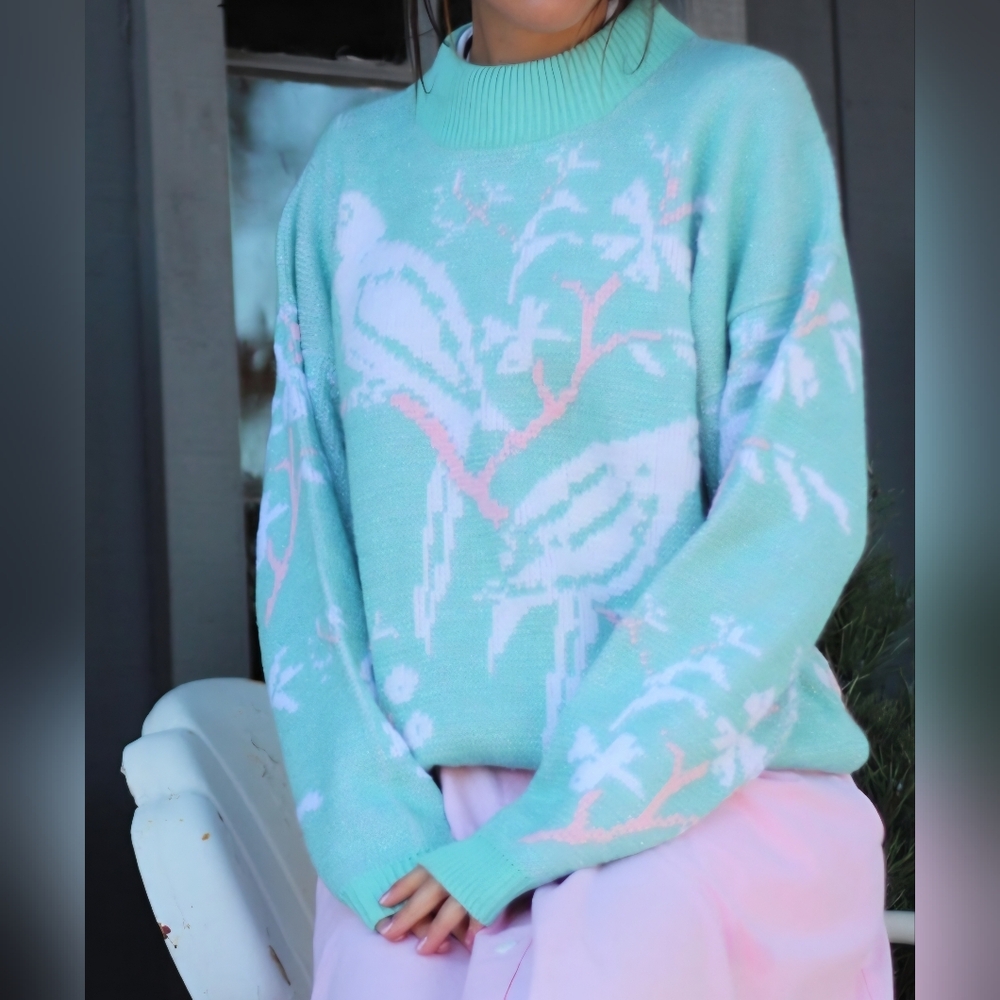 Vintage 80s Glamour Knit Bird Crewneck Mint Green Knitted Sweater Women's Medium